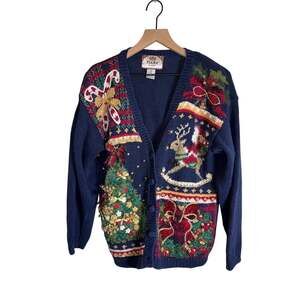 VINTAGE TIARA 90s Holiday Christmas Beaded and Hand knit Cardigan Sweater M